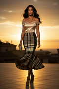 Grey-Green Tartan Fishtail Skirt High Waist Maxi Skirt Elegant Evening Outfit