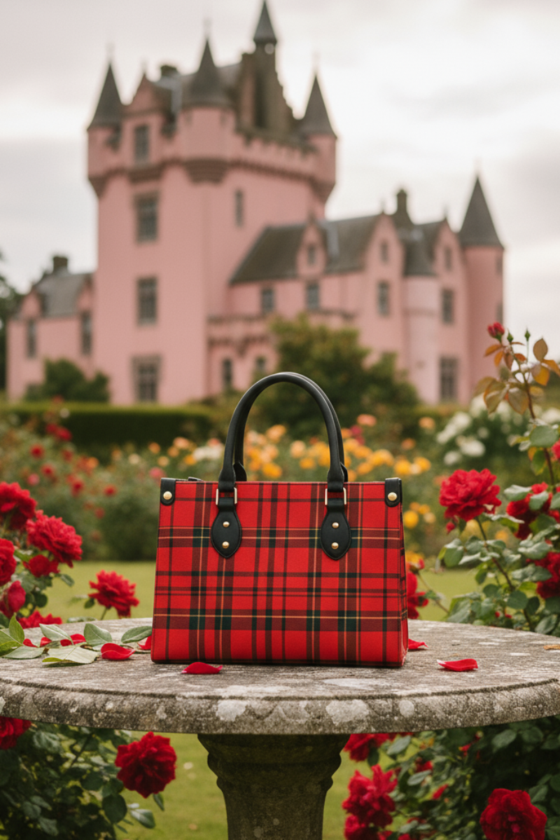 Handmade red tartan tote bag with black handles