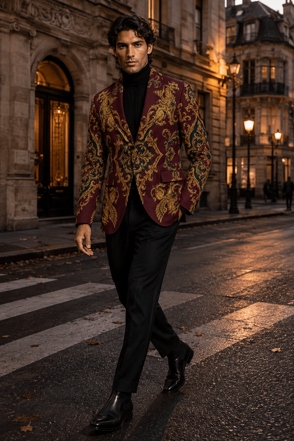 Close-up texture of the substantial 245g/m² pure cotton fabric on a premium burgundy heraldic printed blazer.