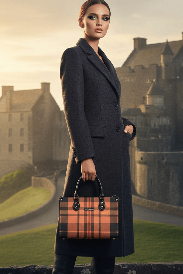 Woman holding heritage inspired designer handbags by Angelic Blessings Shop with a scenic castle background