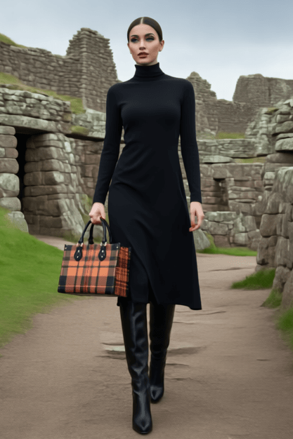 Woman in black dress walking with heritage inspired designer handbags from Angelic Blessings Shop at ancient stone ruins