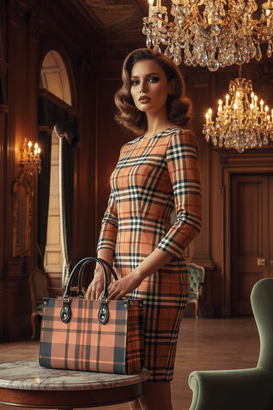 Woman in plaid dress holding heritage inspired designer handbags in elegant vintage room