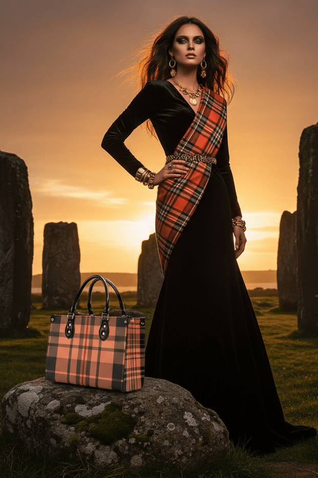 Heritage inspired designer handbags by Angelic Blessings Shop showcased with model in black dress at sunset with standing stones