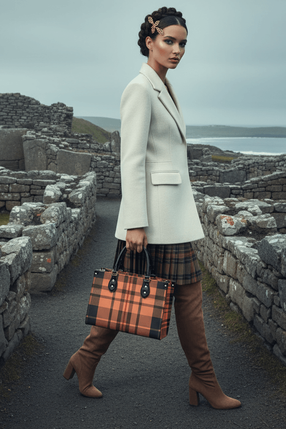 Woman wearing boots and white coat carrying heritage inspired designer handbags with plaid pattern outdoors