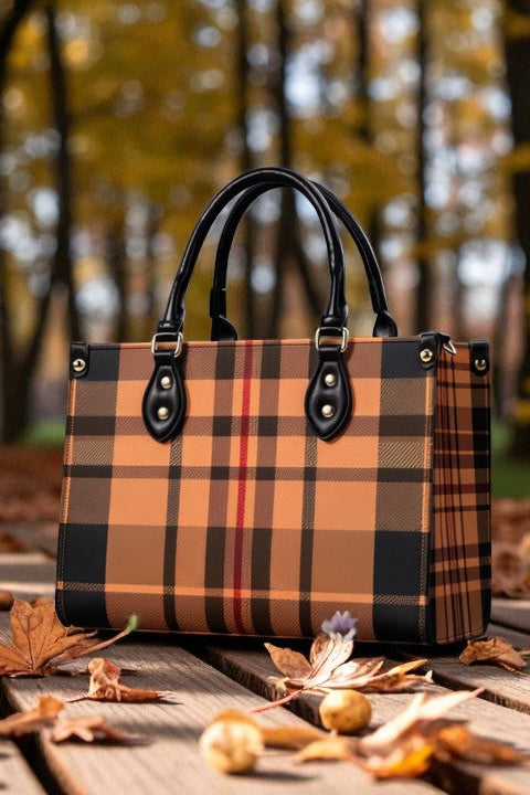 Heritage inspired designer handbags in brown plaid with black handles from Angelic Blessings Shop outdoors