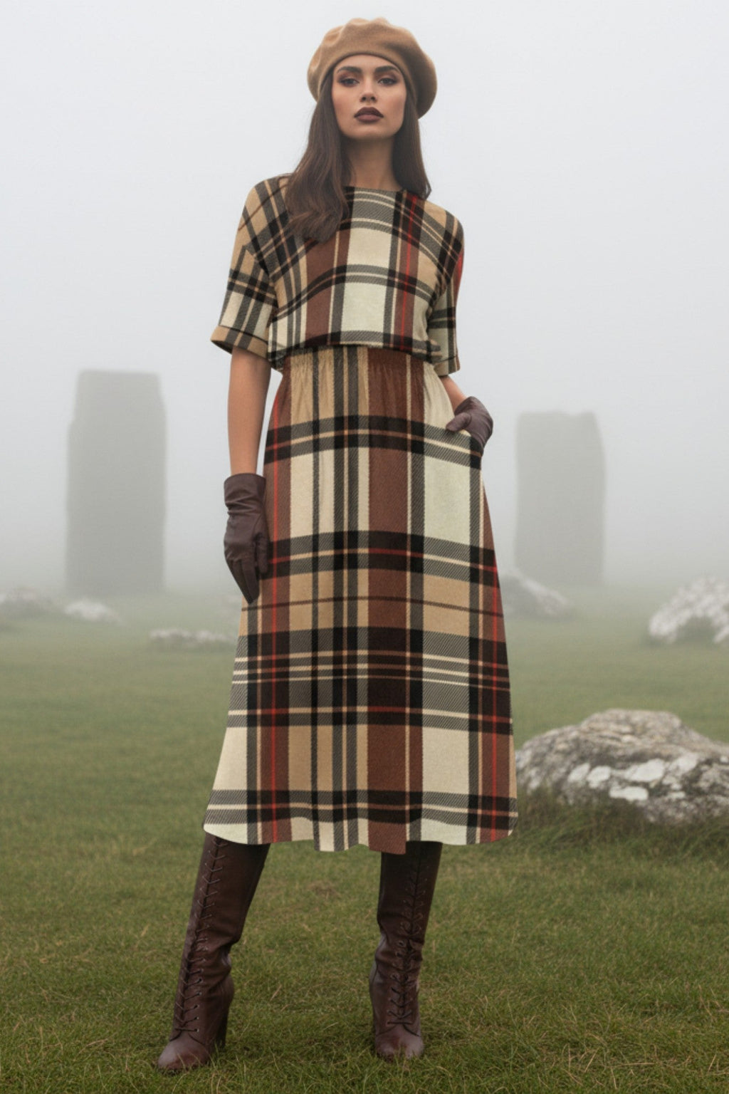 Back view of Dromberg Tartan Women’s Midi Dress – brown plaid pattern and knee-length silhouette