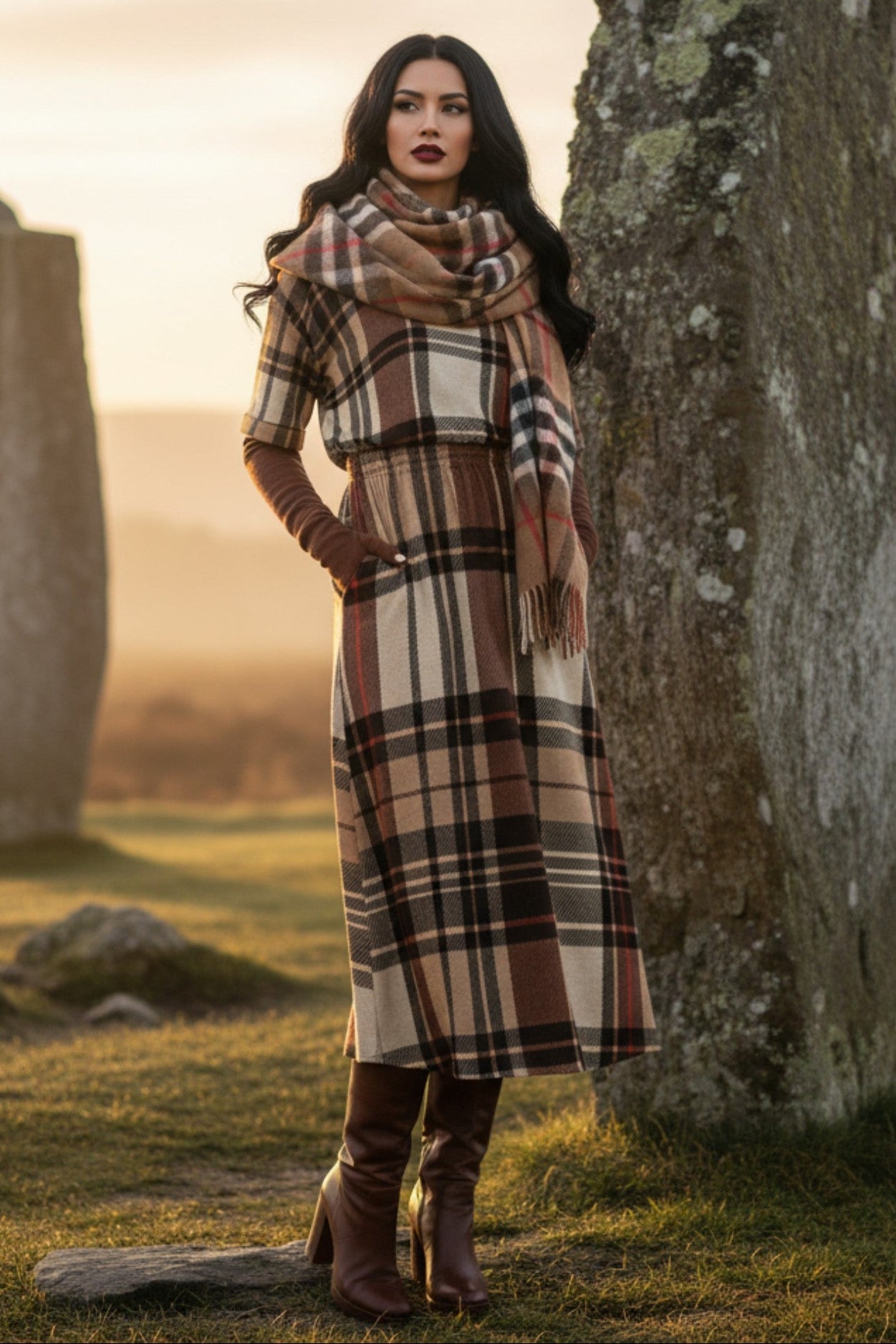 Front view of Dromberg Tartan Women’s Midi Dress – plaid elegance from Angelic Blessings Shop