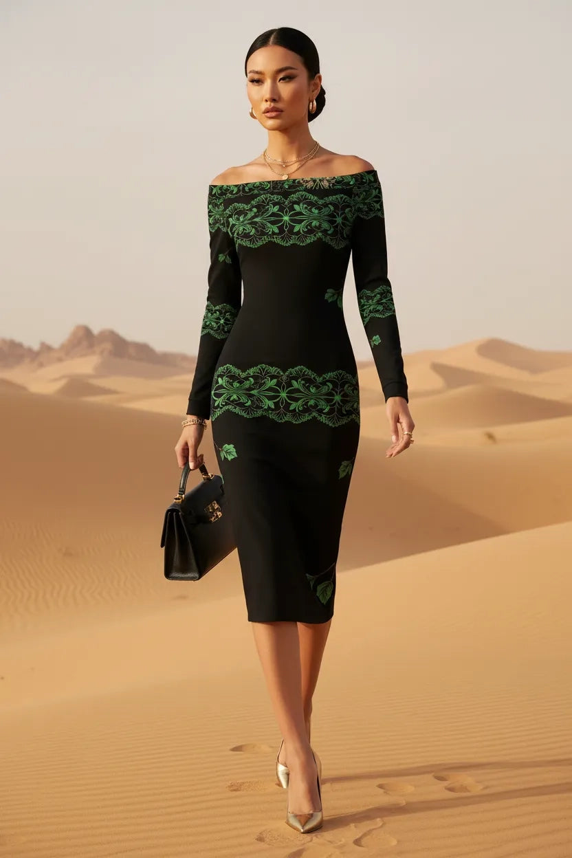 Angelic Blessings heritage style evening dress S-6XL black off shoulder midi with green pattern