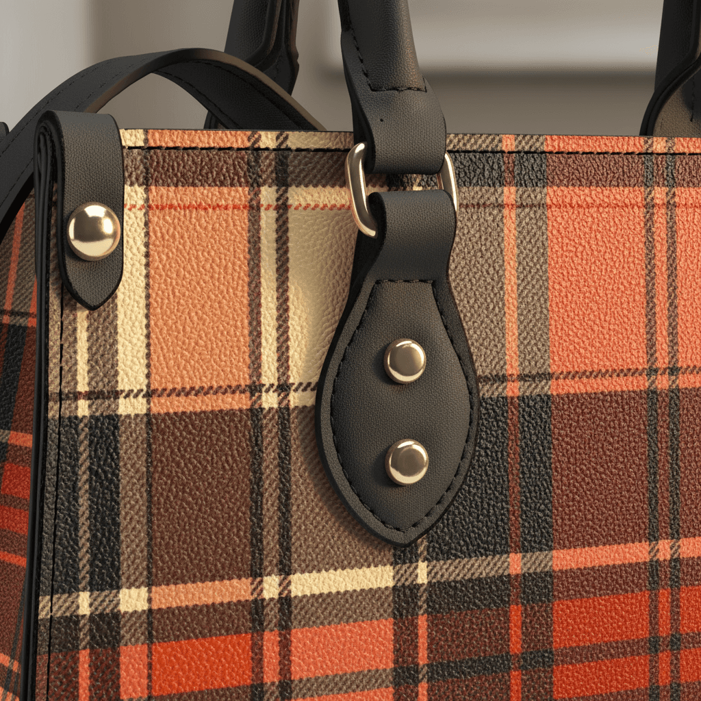 Angelic Blessings Shop heritage style women's handbag with brown and orange plaid pattern and black leather straps