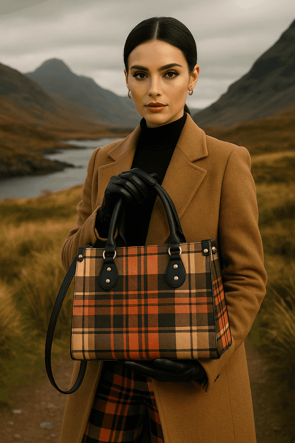 Heritage style women's handbag with plaid design held by woman in brown coat outdoors