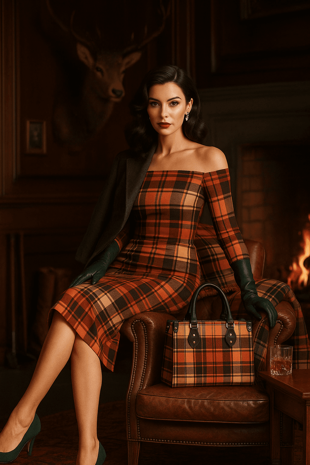 Heritage style women's handbag by Angelic Blessings Shop in orange plaid next to woman in matching dress