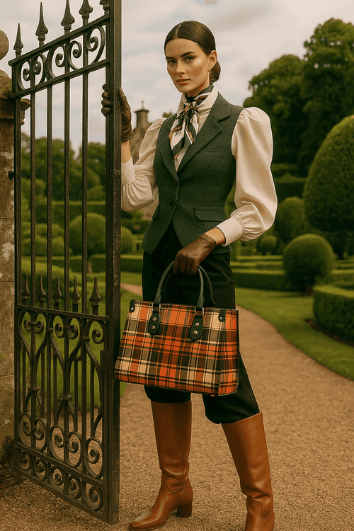 Woman holding a heritage style women's handbag with orange plaid pattern by Angelic Blessings Shop