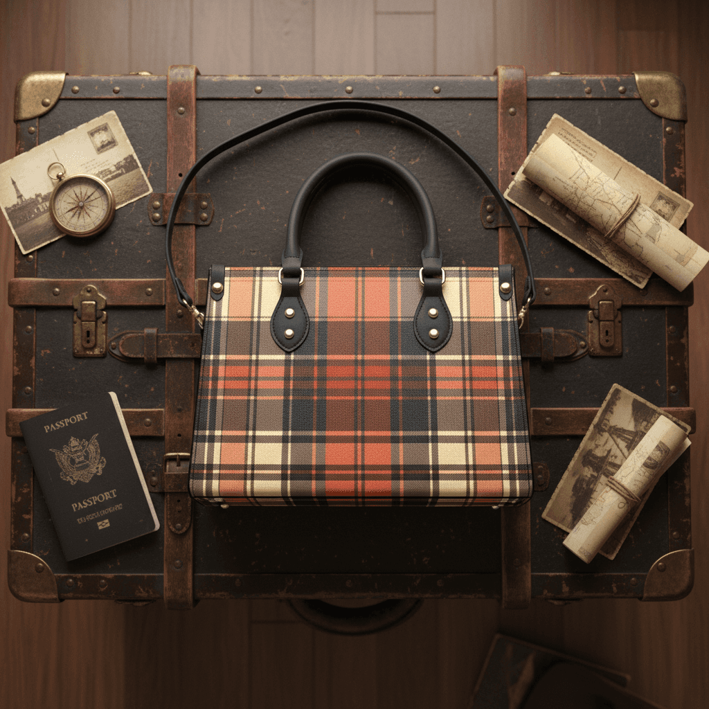 Tartan women's handbag with plaid pattern and black handles 