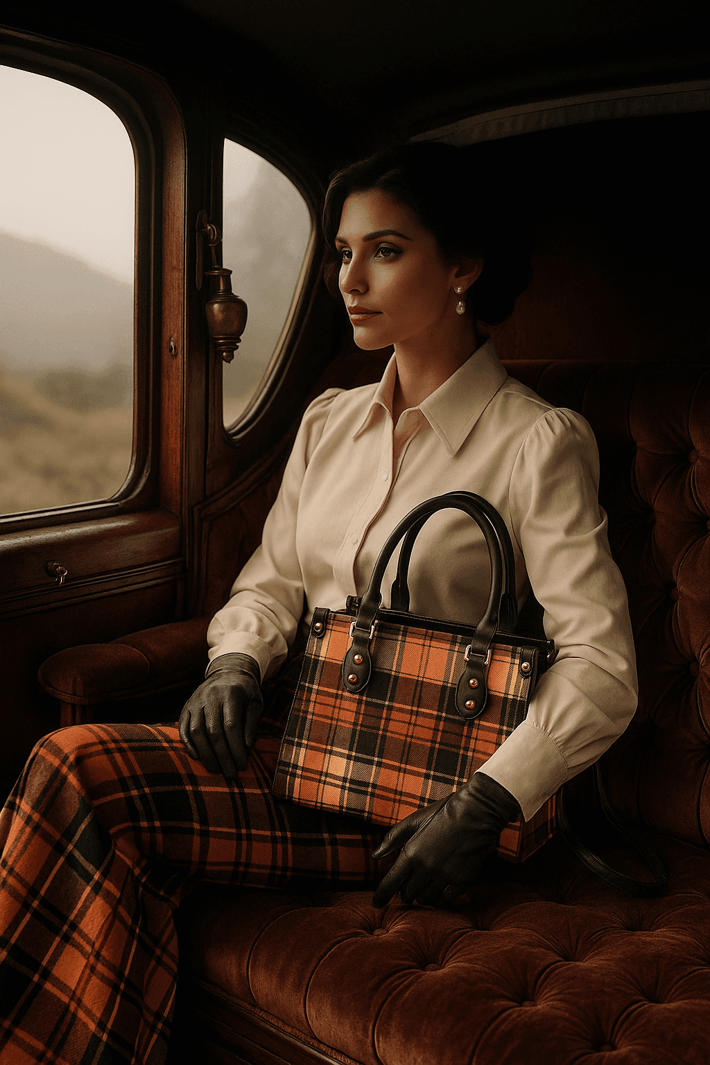 Heritage style women's handbag with plaid pattern and black handles from Angelic Blessings Shop