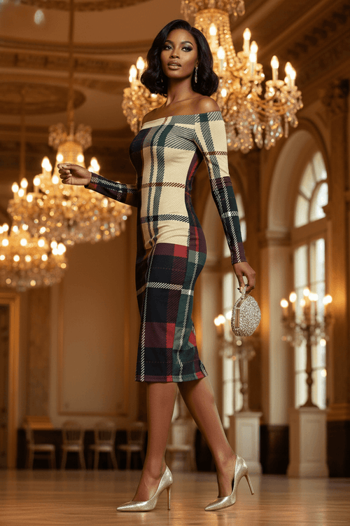 Heritage tartan evening dress with long sleeves and fitted silhouette
