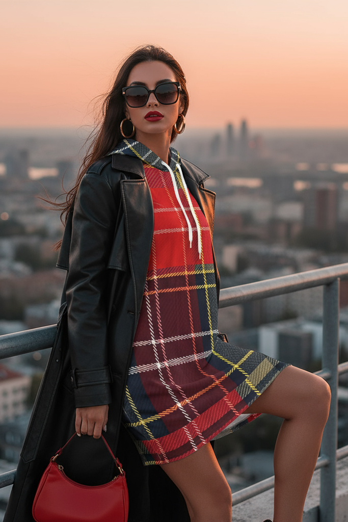 scottish tartan hoodie dress detail - soft plaid velvet fabric and comfortable fit"