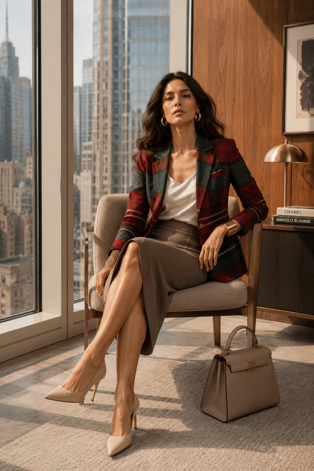Smart casual outfit inspiration showing how to style a burgundy tartan blazer with loose denim and chunky loafers.