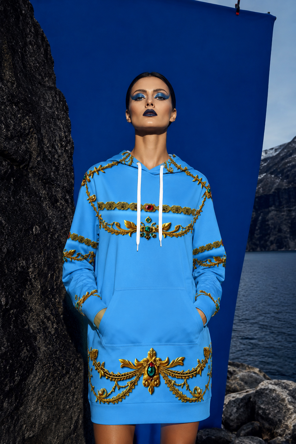 Ice Blue Baroque Hoodie velvet dress elegant outfit for evening and stylish occasions