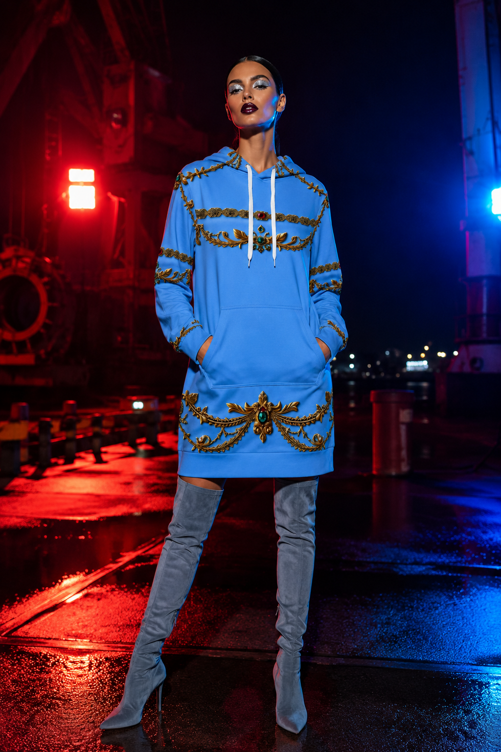 Ice Blue Baroque Hoodie Velvet Dress Elegant Evening Outfit with Detailed Design