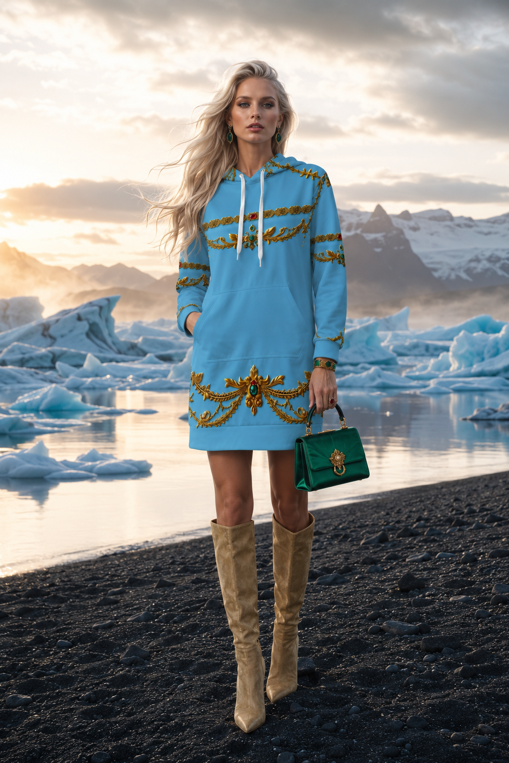 Ice Blue Baroque Hoodie Velvet Dress Elegant Evening Outfit with Boots