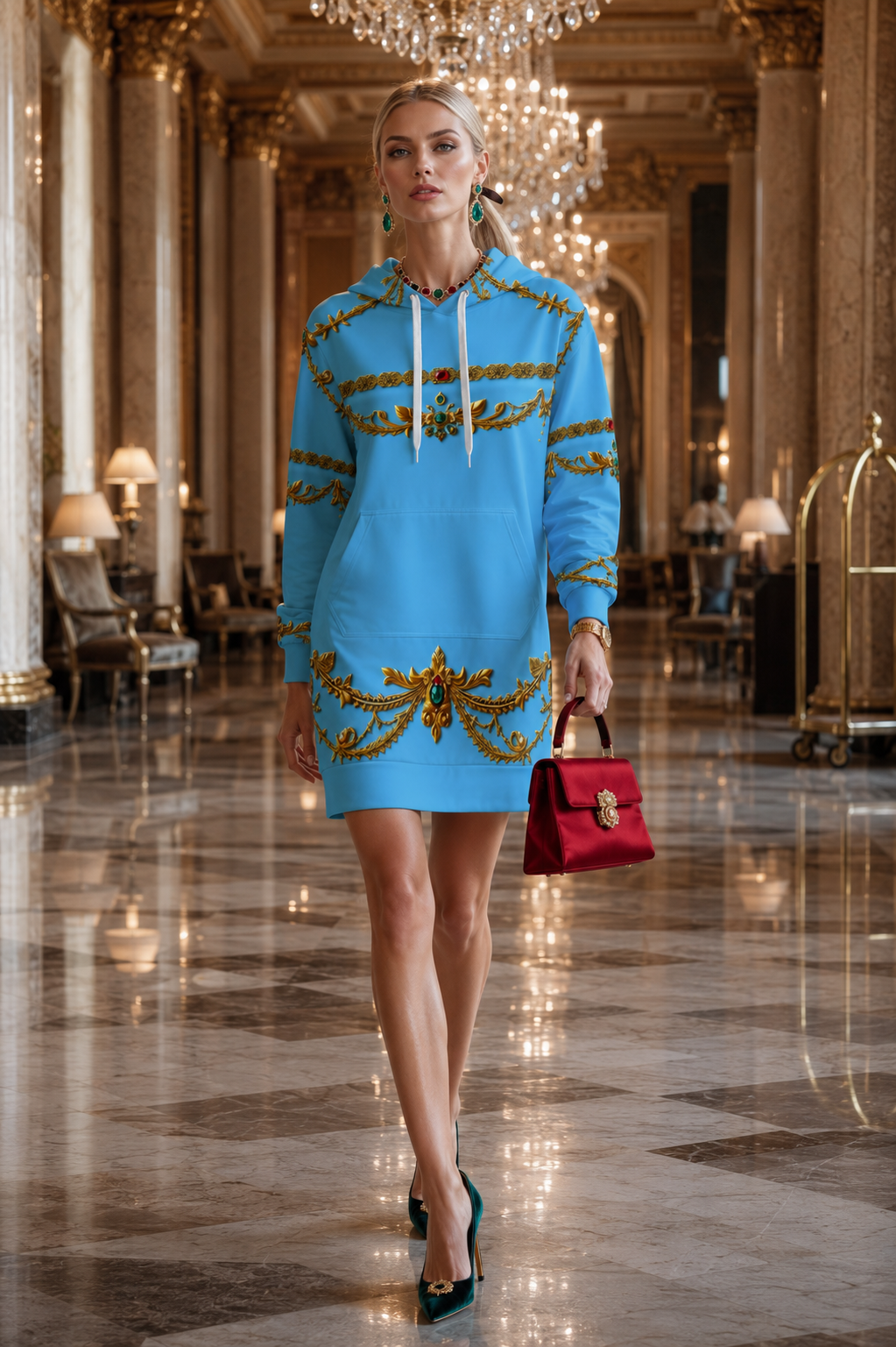 Ice Blue Baroque Hoodie Velvet Dress elegant evening outfit with gold detailing