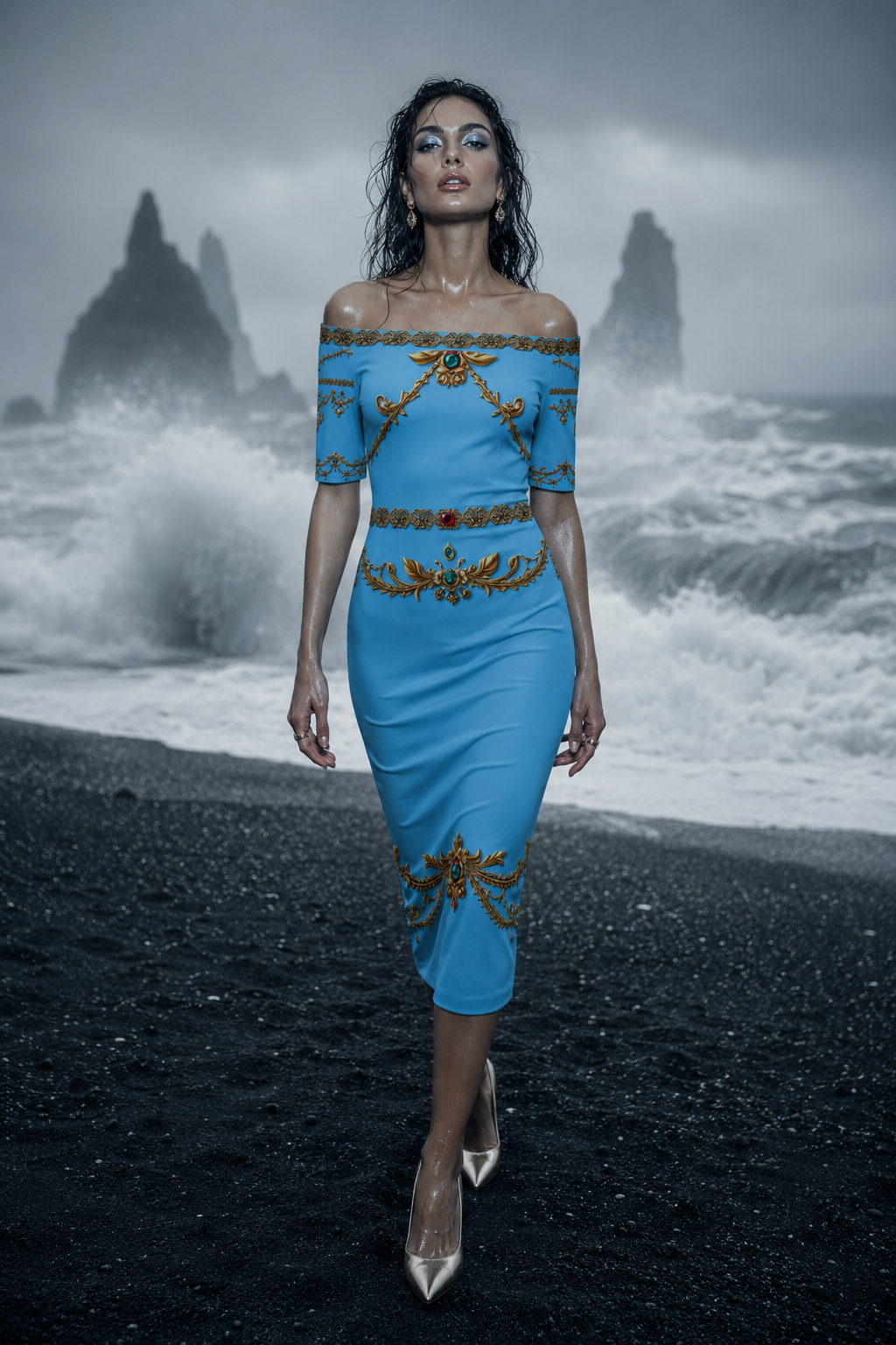 Ice Blue Bodycon Dress Elegant Evening Outfit With Decorative Gold Embellishments