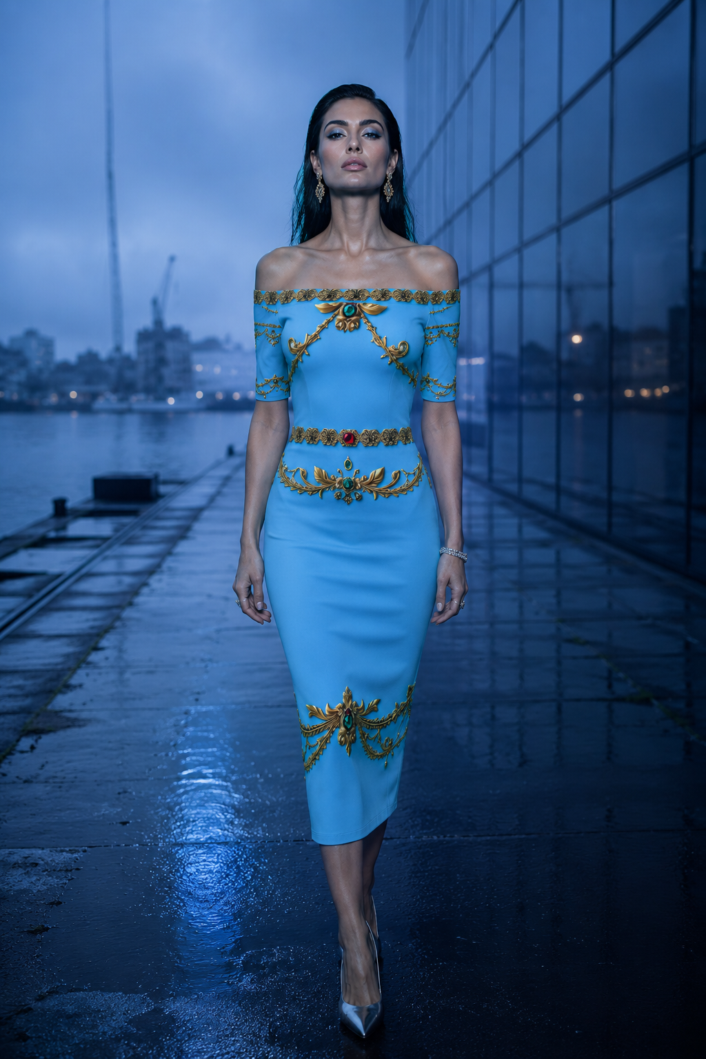 Ice Blue Bodycon Dress Elegant Evening Outfit with Gold Embroidery Details