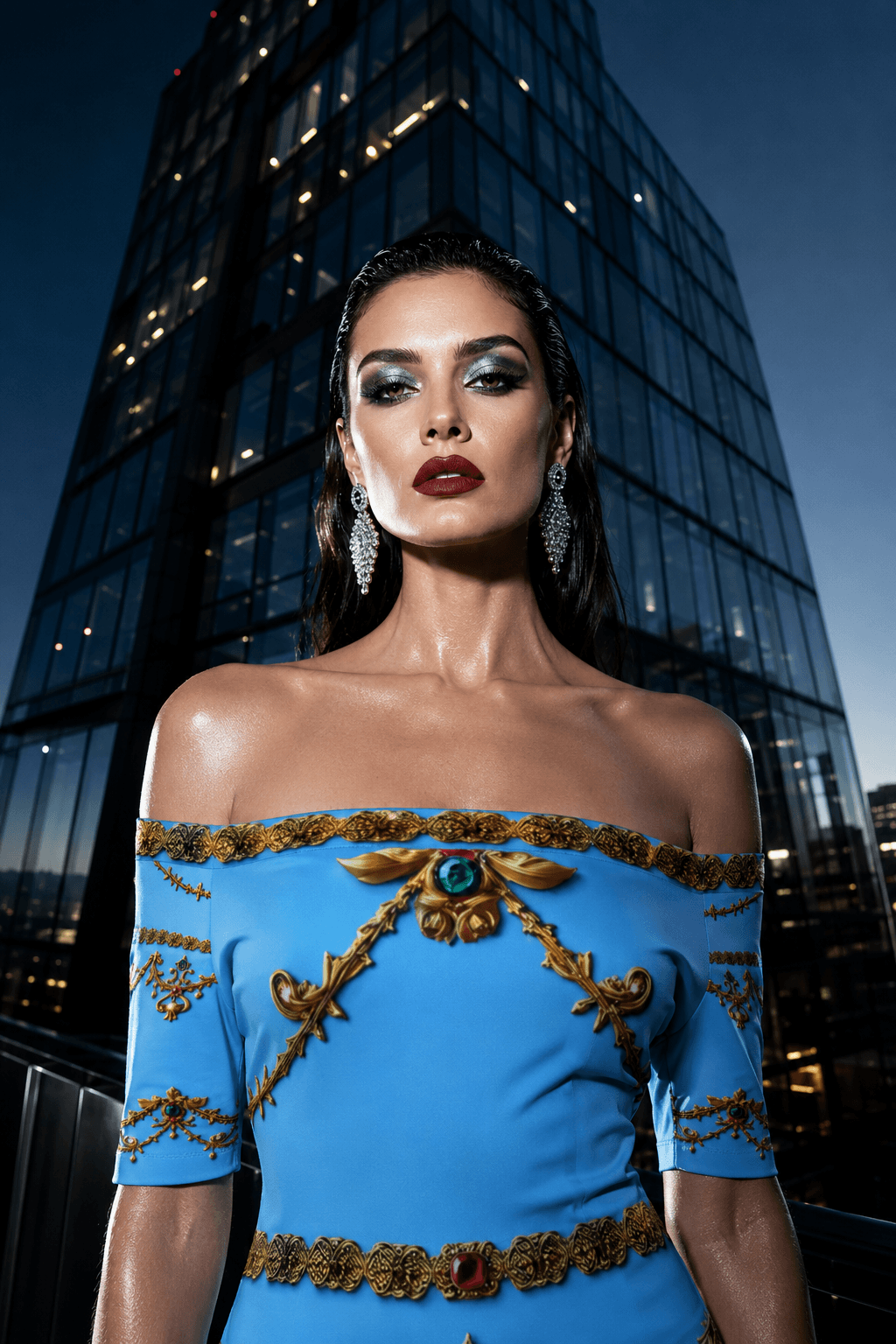 Ice Blue Womens Off The Shoulder Short Sleeve Elegant Bodycon Dress with Golden Baroque Print-S-6XL