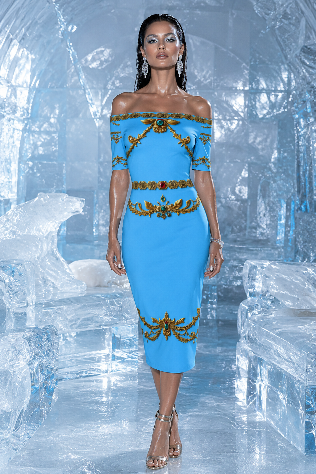 Ice Blue bodycon dress elegant evening outfit with off shoulder and gold detailing