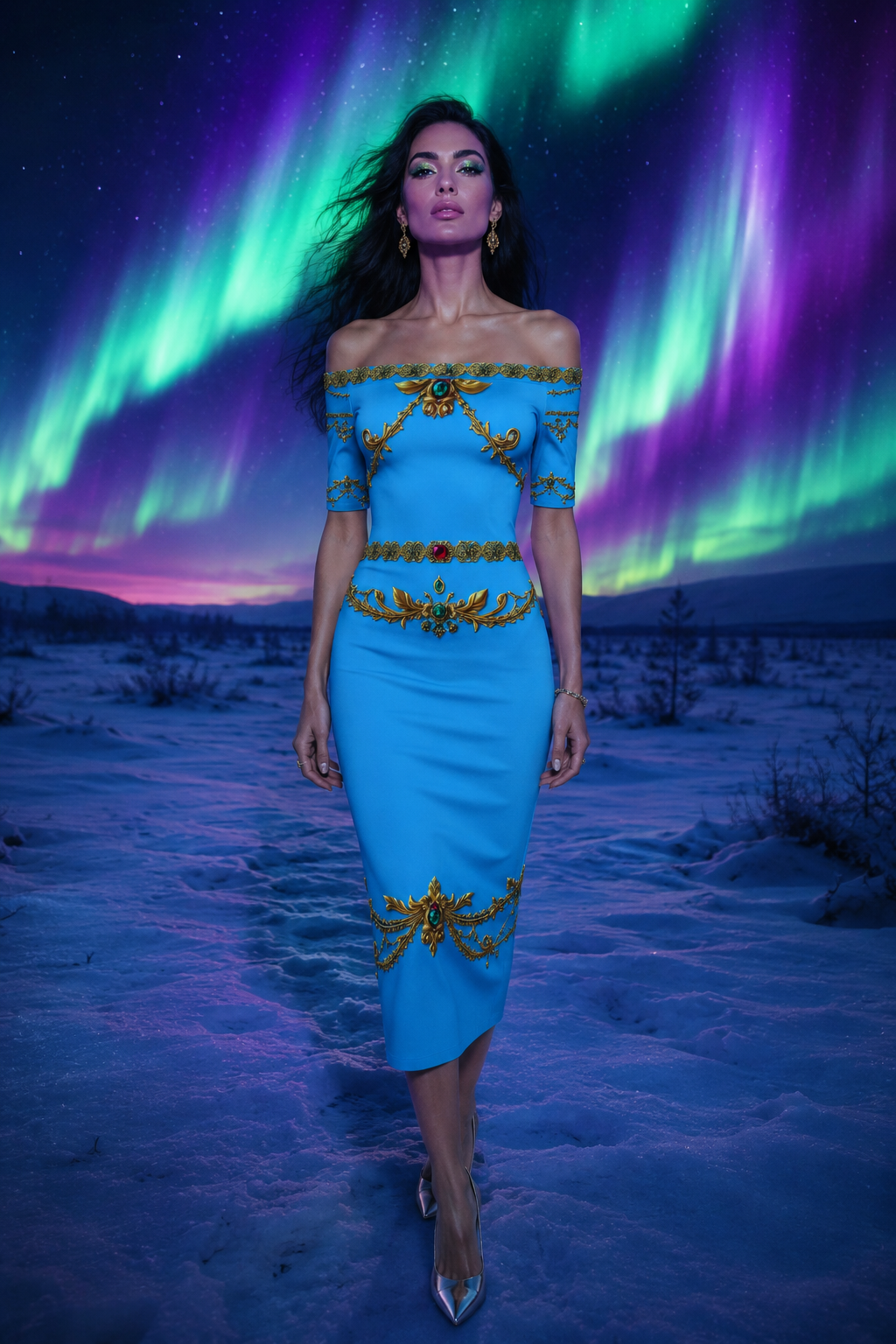 Ice Blue bodycon dress Elegant evening outfit with gold embroidery details