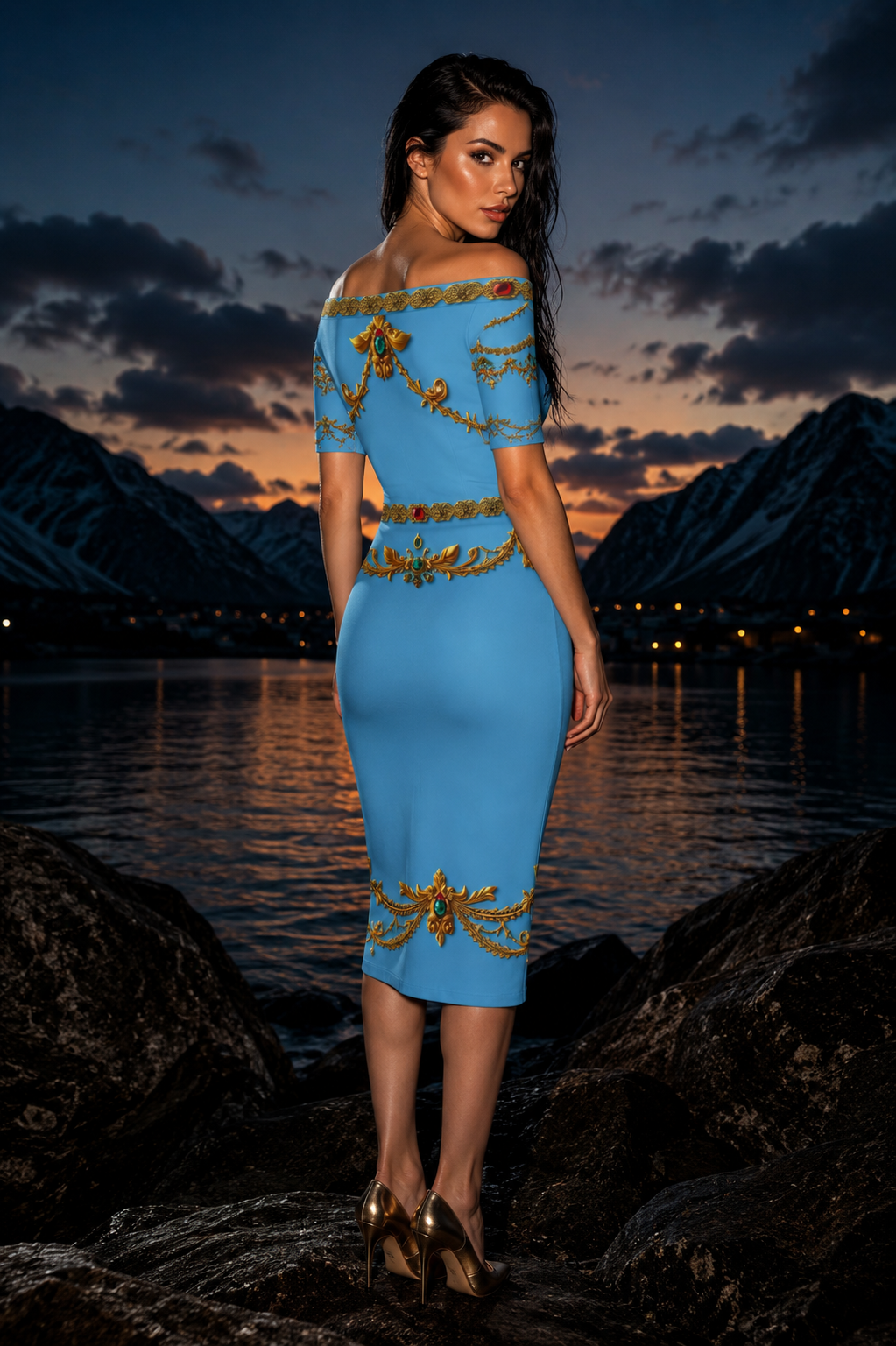 Ice Blue Bodycon Dress Elegant Evening Outfit with Gold Embellishments