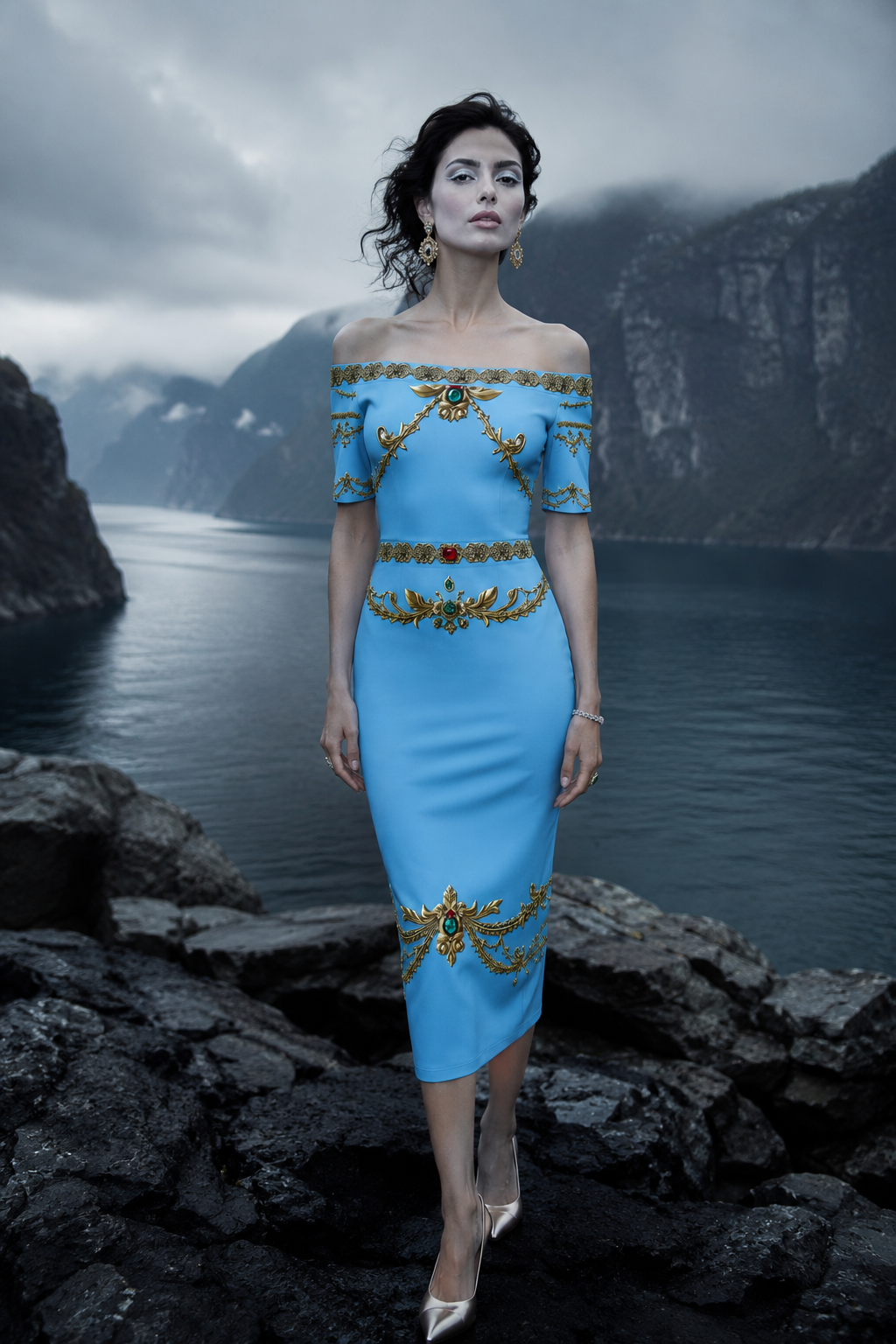Ice Blue Bodycon Dress Elegant Evening Outfit with Gold Embellishments and Off Shoulder Design