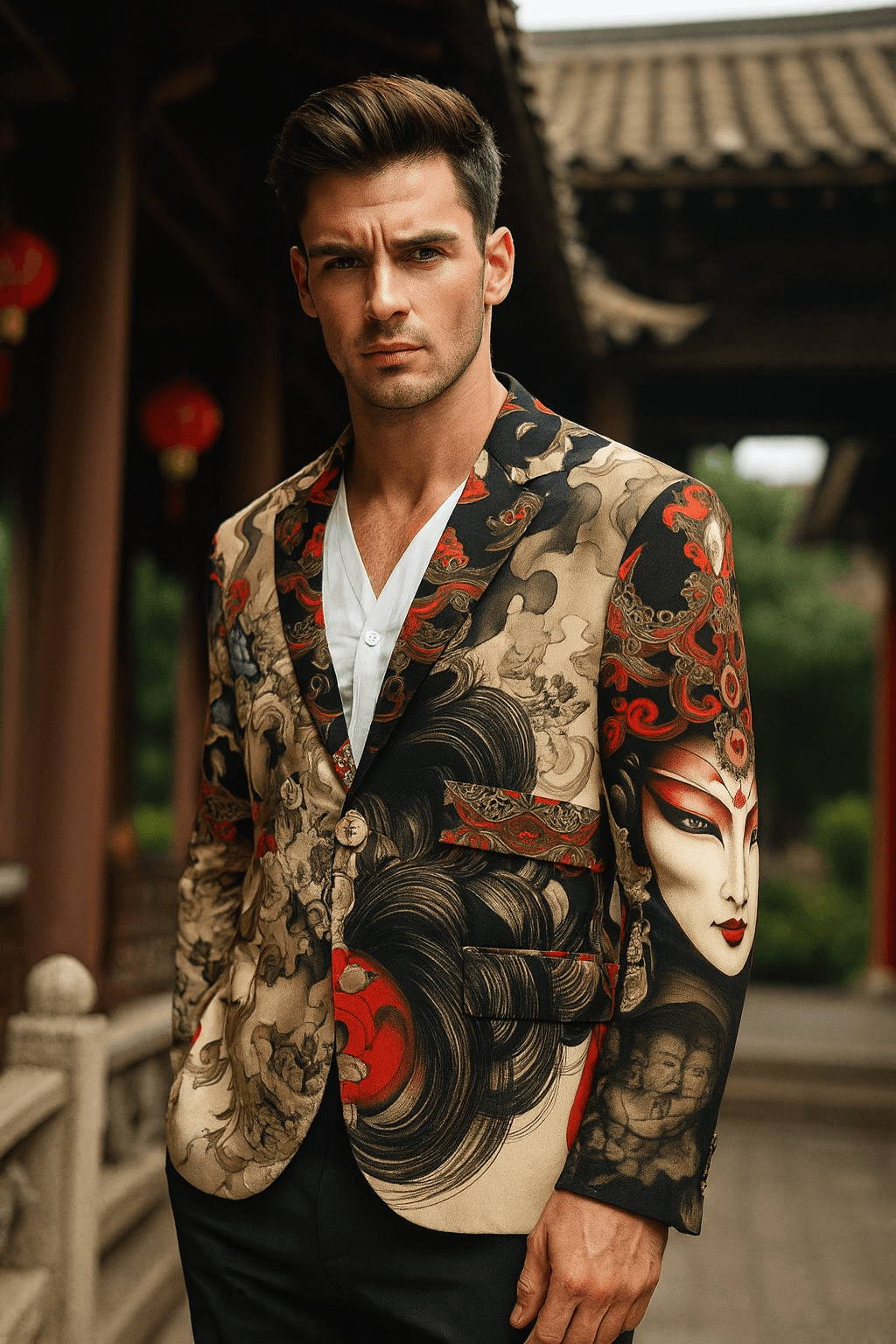 Imperial Oni Ink Art Blazer Clothing Mens Elegant Evening Outfit at Beach
