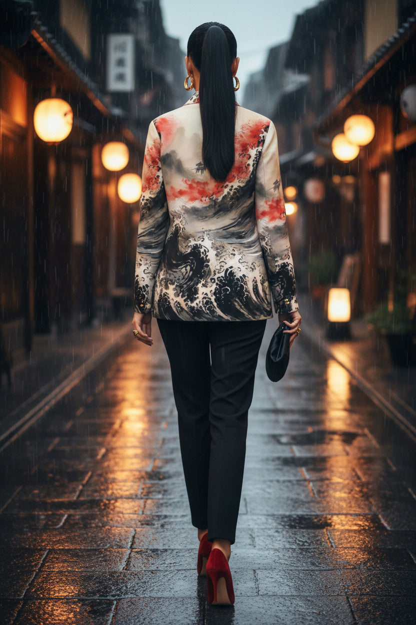 Japanese Ink Art Women's Statemen cotton blazer elegant evening outfit with artistic wave design