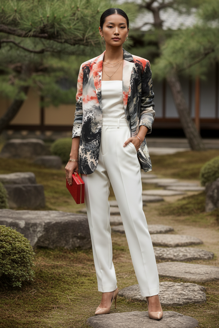 Japanese Ink Art Women's Statemen Cotton Blazer Elegant Outfit for Evening Events