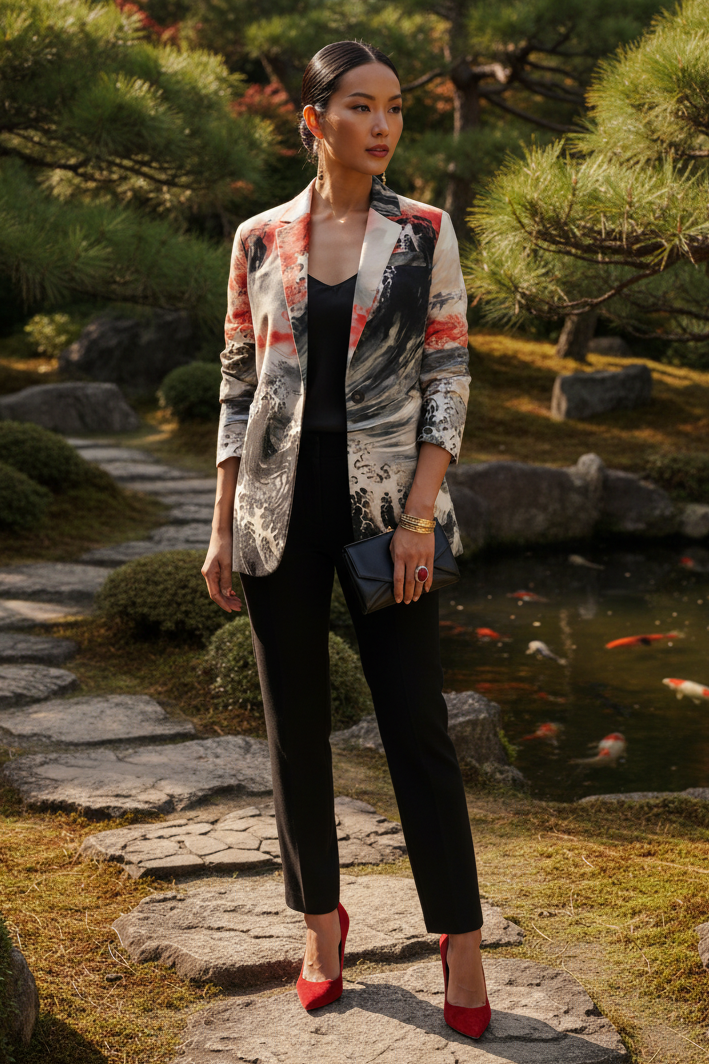 Japanese Ink Art Women's Statemen cotton blazer elegant evening outfit with artistic design