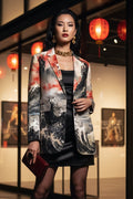 Japanese Ink Art Women's Statemen Cotton Blazer Elegant Evening Outfit with Artistic Print