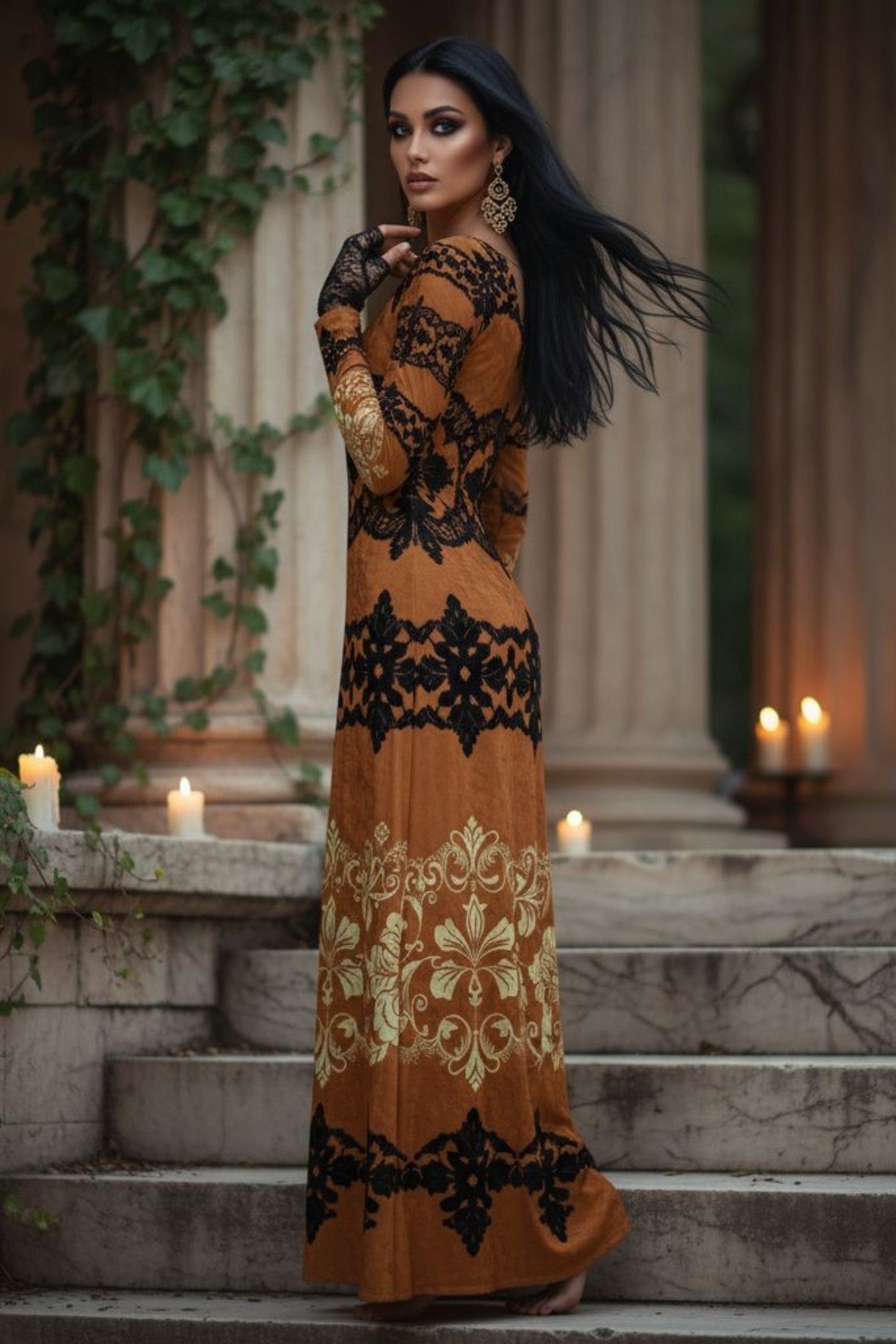 Kira Brown Baroquet Womens  Velvet Shine Maxi Dress-XS-6XL - Angelic Blessings