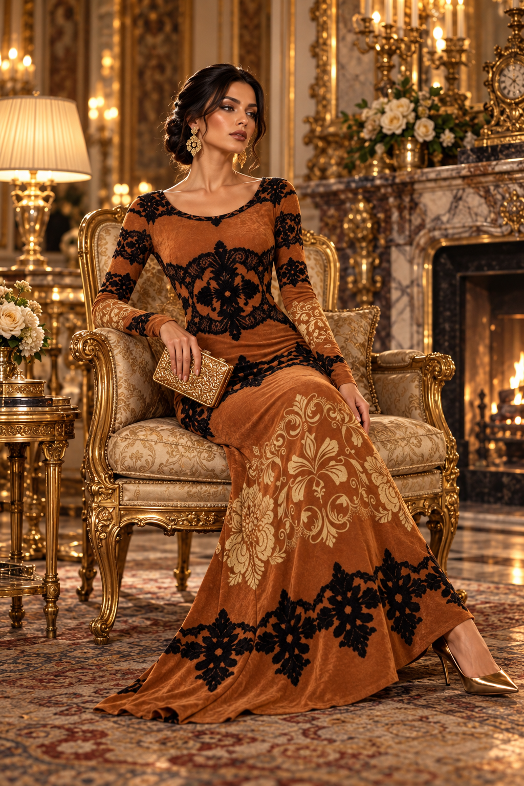 Kira Brown Baroque Velvet Shine Maxi Dress Elegant Evening Outfit Luxury Style