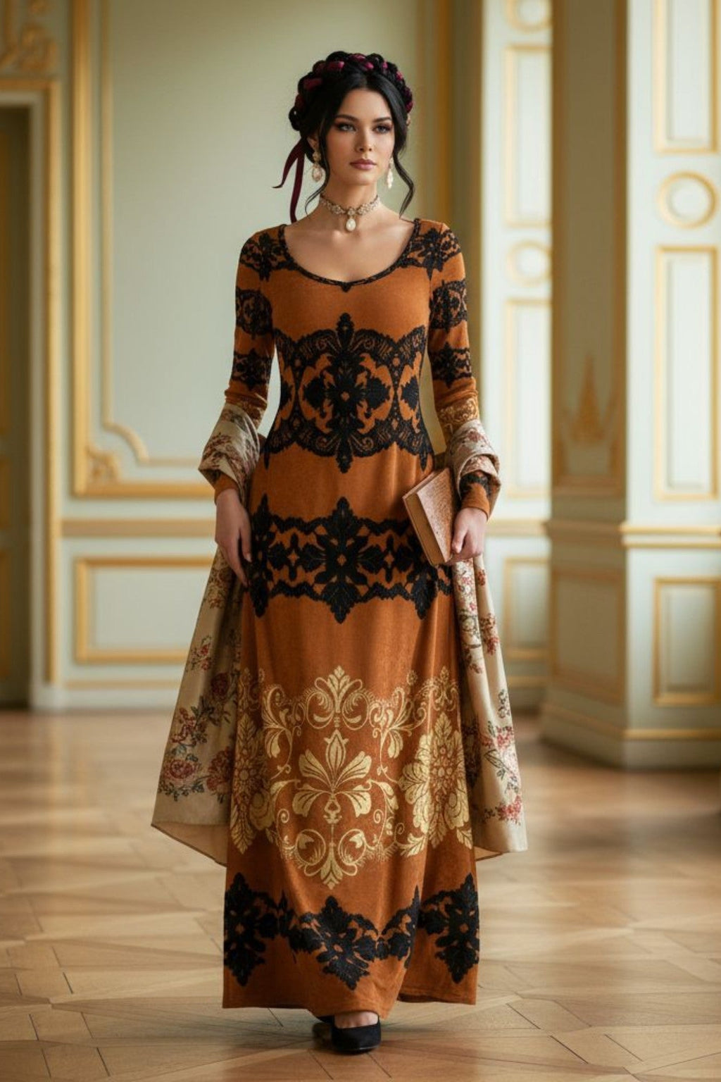 Kira Brown Baroquet Womens  Velvet Shine Maxi Dress-XS-6XL - Angelic Blessings