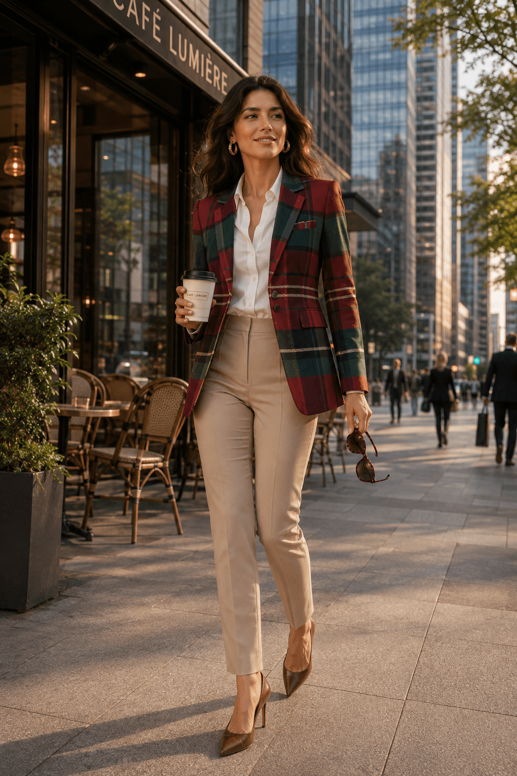 A moody autumn scene of a model in a forest green and burgundy tartan blazer, perfectly capturing poetcore fall outfits for women.