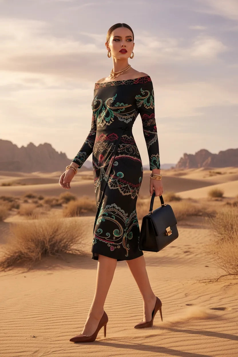 Woman wearing luxury European style evening dress with intricate patterns from Angelic Blessings Shop