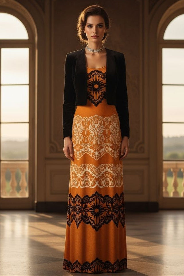 Luxury gold velvet evening gown with black and white lace details from Angelic Blessings Shop