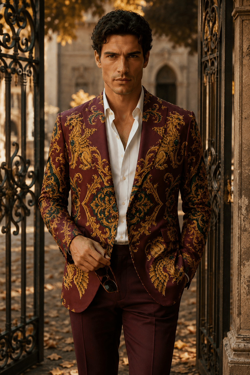 Sharp detail of the flat lapel collar and antique gold, emerald, and jewel-tone details on a heavy structured cotton jacket.