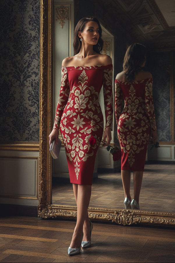 Burgundy Victorian Damask Off-Shoulder Midi Dress | Old Money Baroque Style | S–6XL | Made to Order