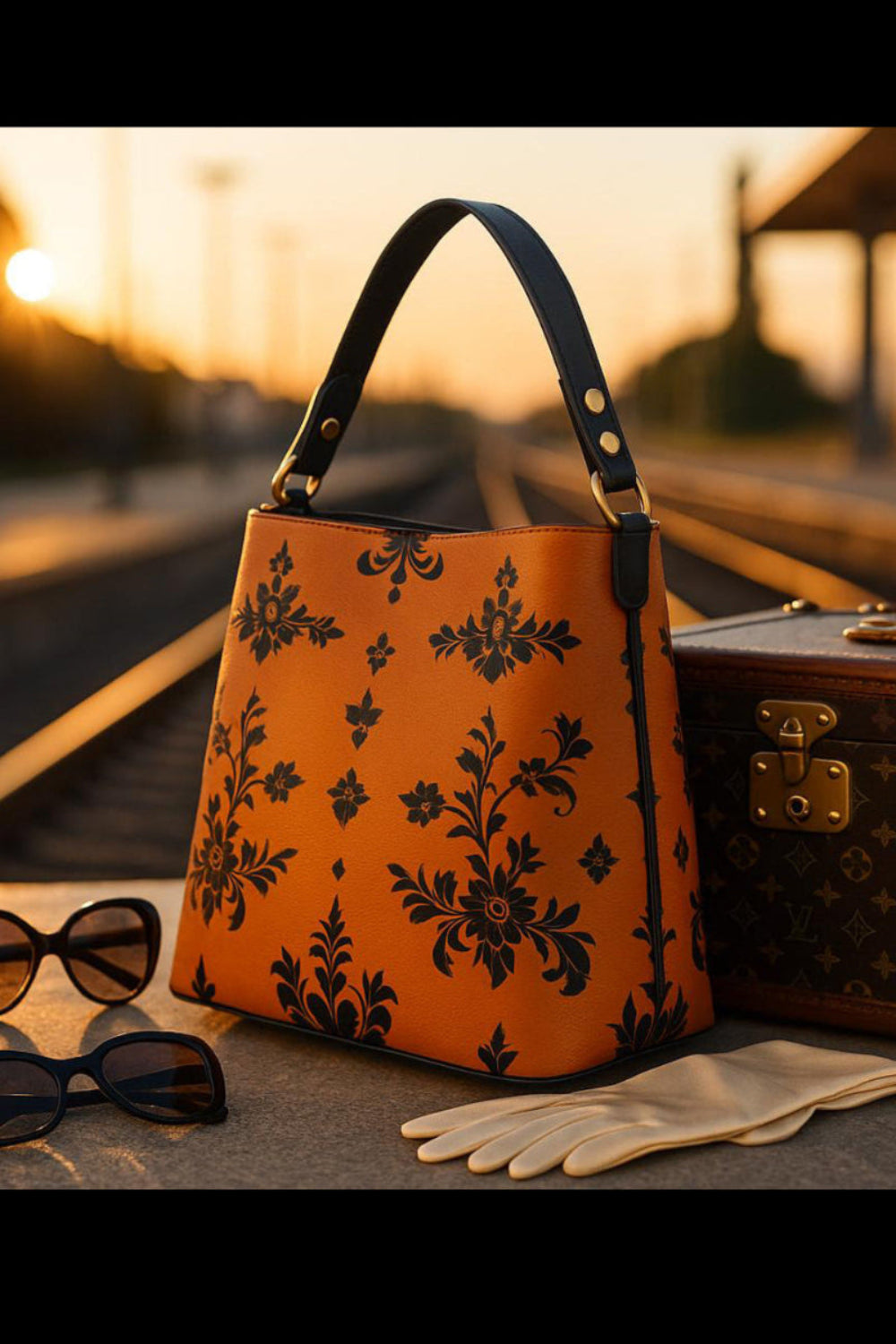 Orange baroque bucket bag with black floral pattern and black handle styled with sunglasses and gloves