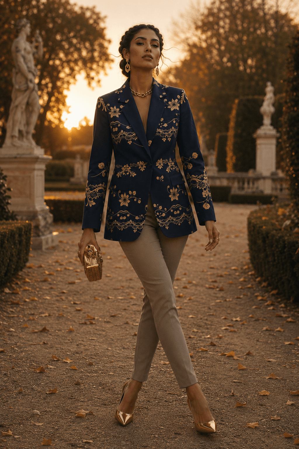 A woman walks along a garden path at sunset wearing a navy blue blazer with gold floral embroidery, beige trousers, and gold pointed heels, holding a small gold clutch.