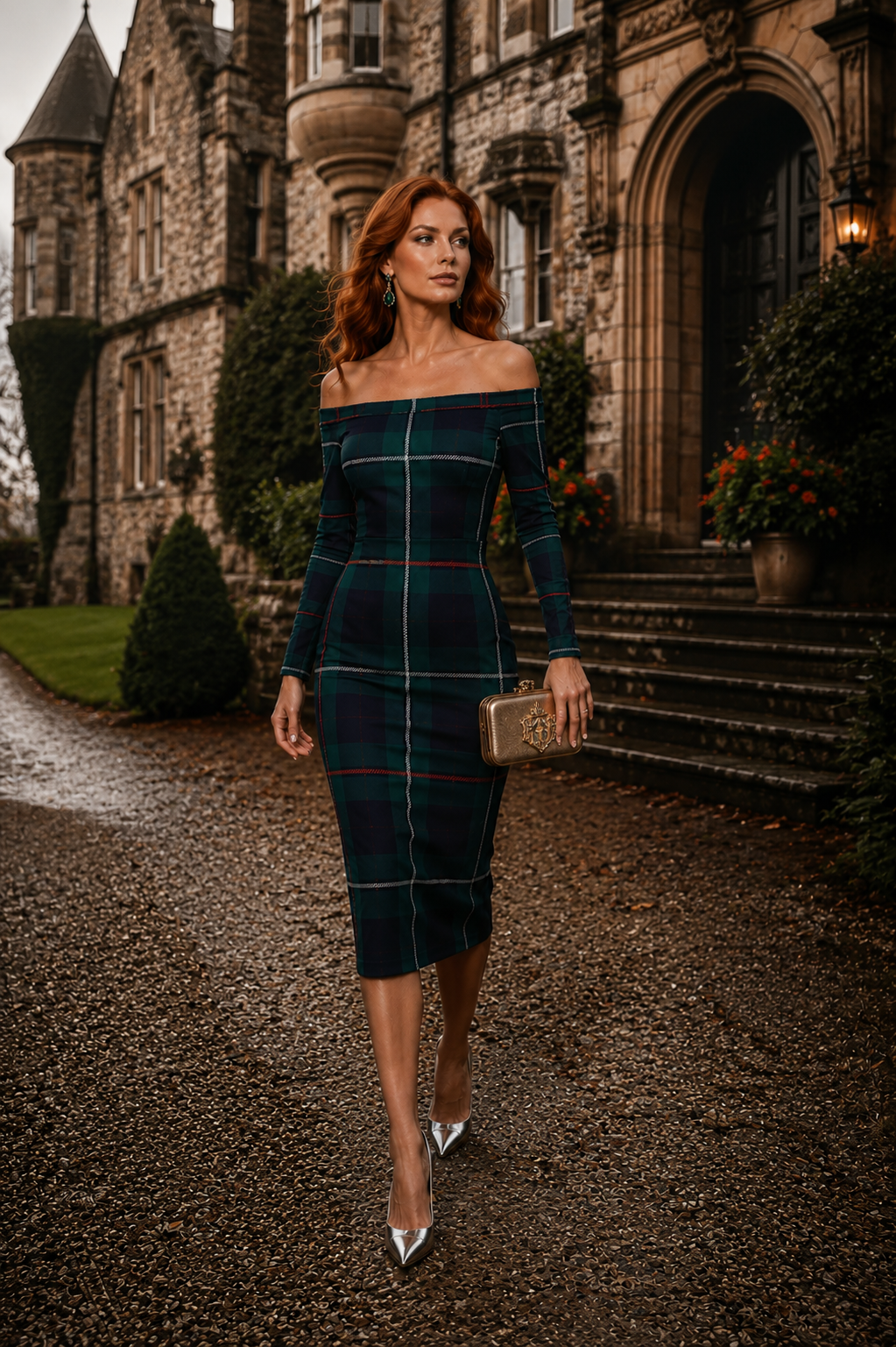 MacKenzie clan tartan wrap dress elegant evening outfit off shoulder midi length