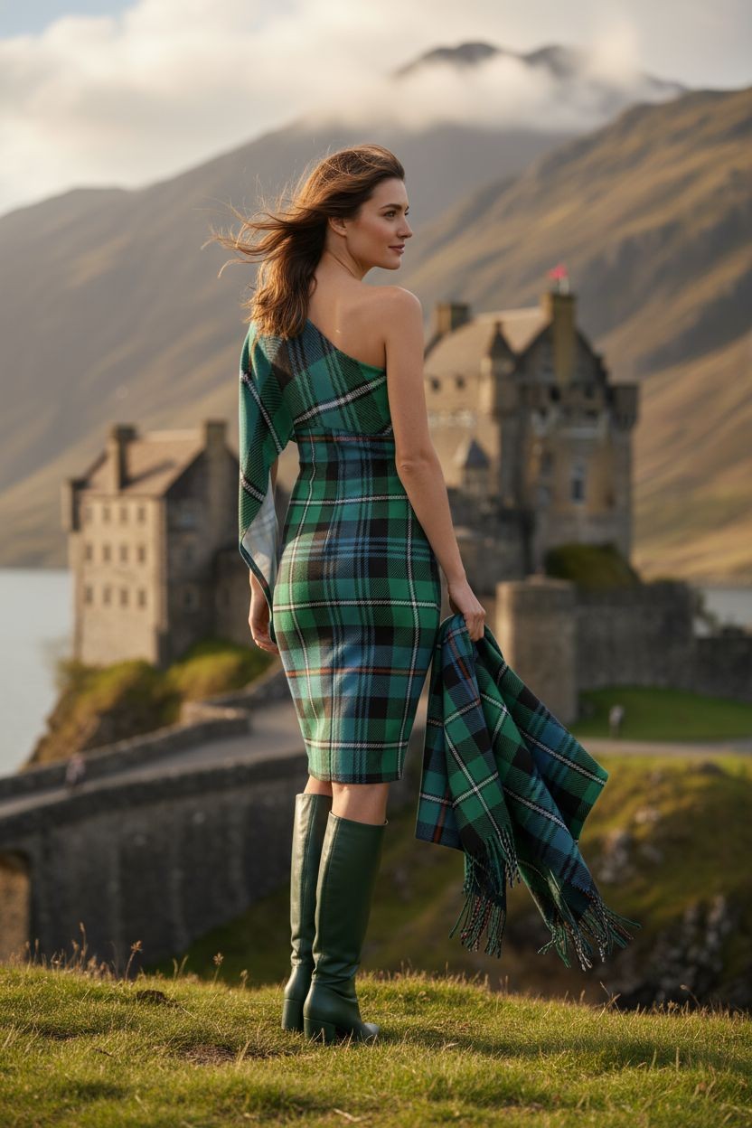 Woman wearing MacKenzie tartan evening dress with one shoulder and matching shawl near a Scottish castle