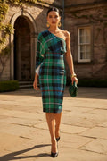 Aristocratic MacKenzie tartan midi dress with one shoulder sleeve, powerful feminine evening fashion
